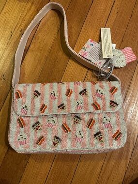 Beaded Pink Stripe Shoulder Bag with Cupcake/Pizza/Burger Motif NWT